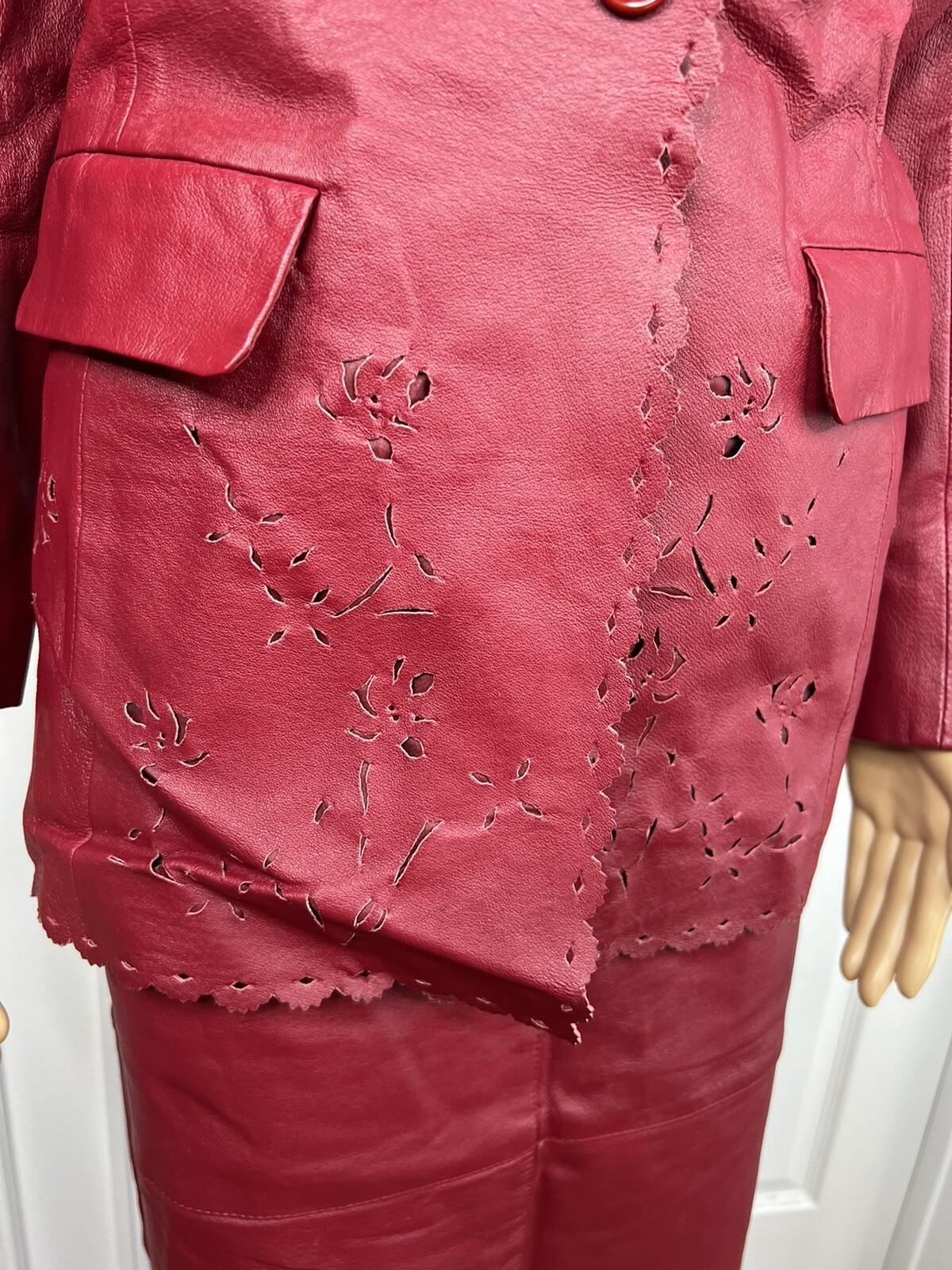 Styleworks Women Leather 2PC Skirt 10 Suit 8 Red Vintage Lined Single Breasted