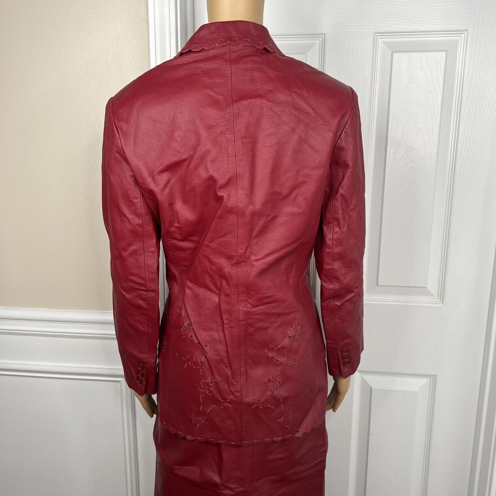 Styleworks Women Leather 2PC Skirt 10 Suit 8 Red Vintage Lined Single Breasted