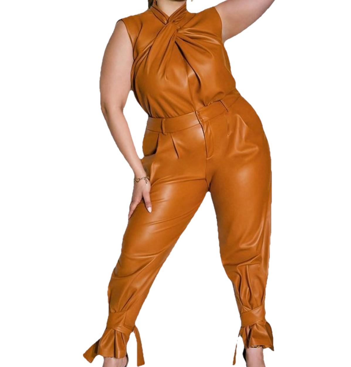 Eloquii 2PC Faux Leather Ankle Tie Pants 16 Twist Mock Neck Top 18 Ginger NWT
