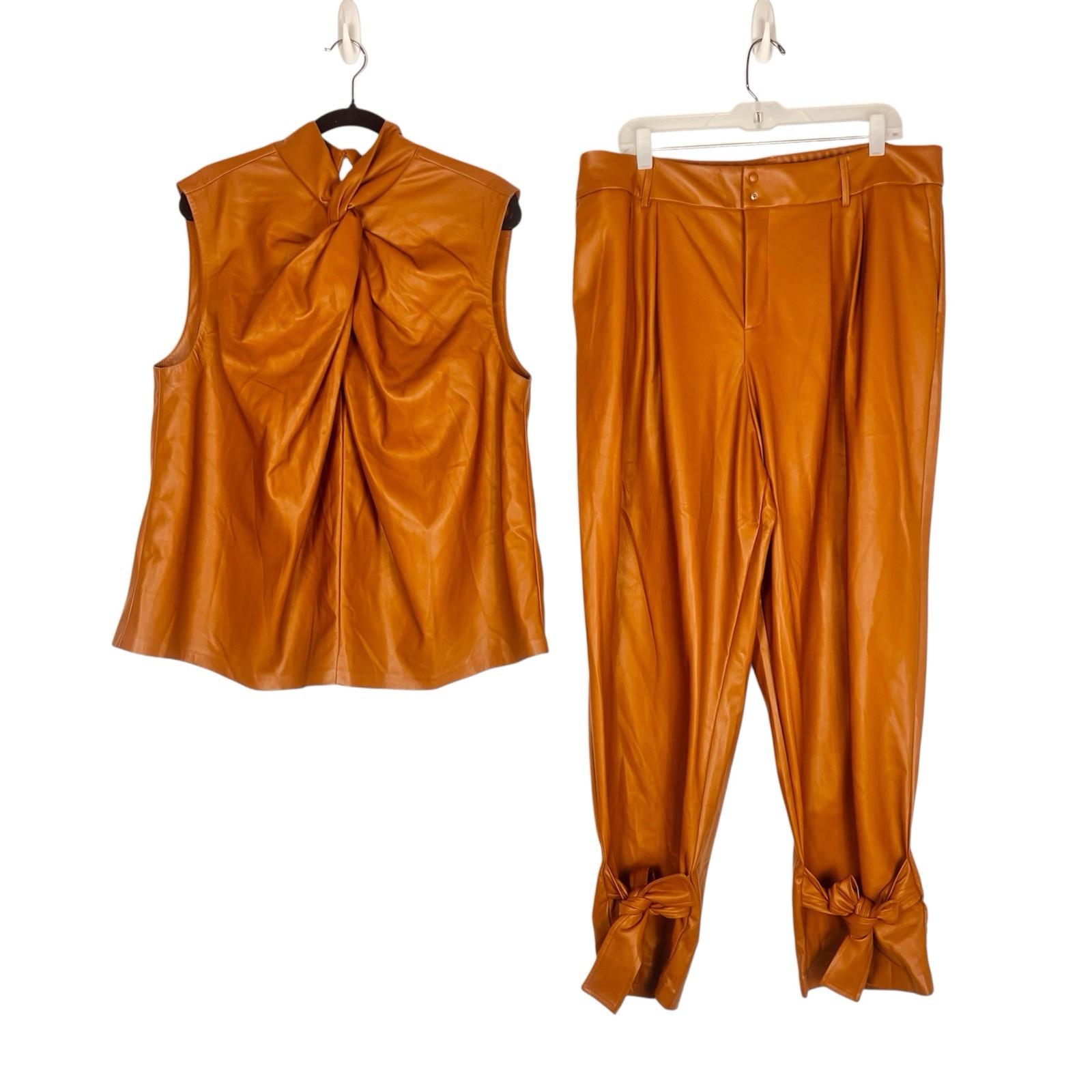 Eloquii 2PC Faux Leather Ankle Tie Pants 16 Twist Mock Neck Top 18 Ginger NWT