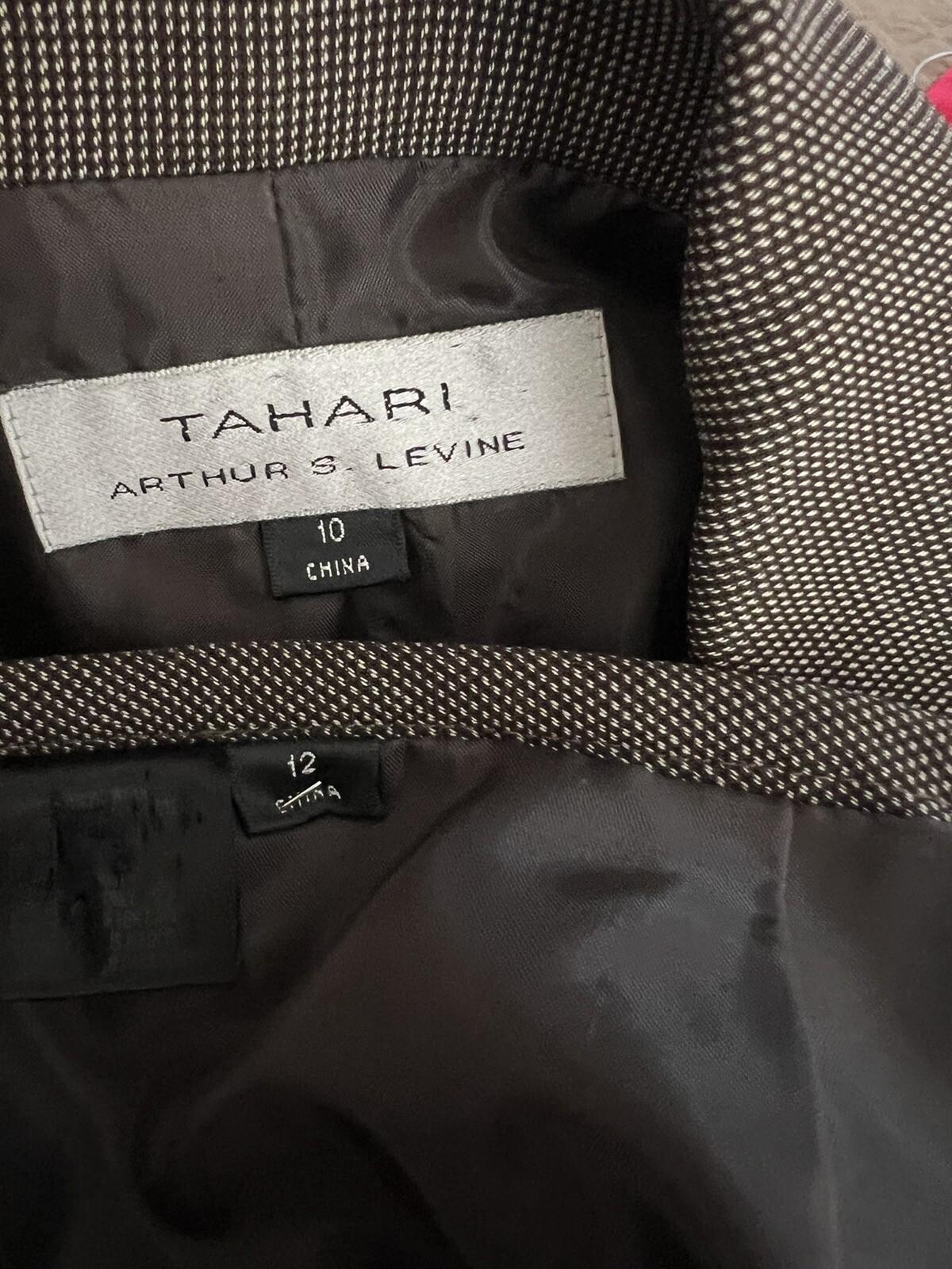 Tahari ASL Polyester Skirt 12 Suit 10 Brown Double Breasted Lined Pleated 2PC
