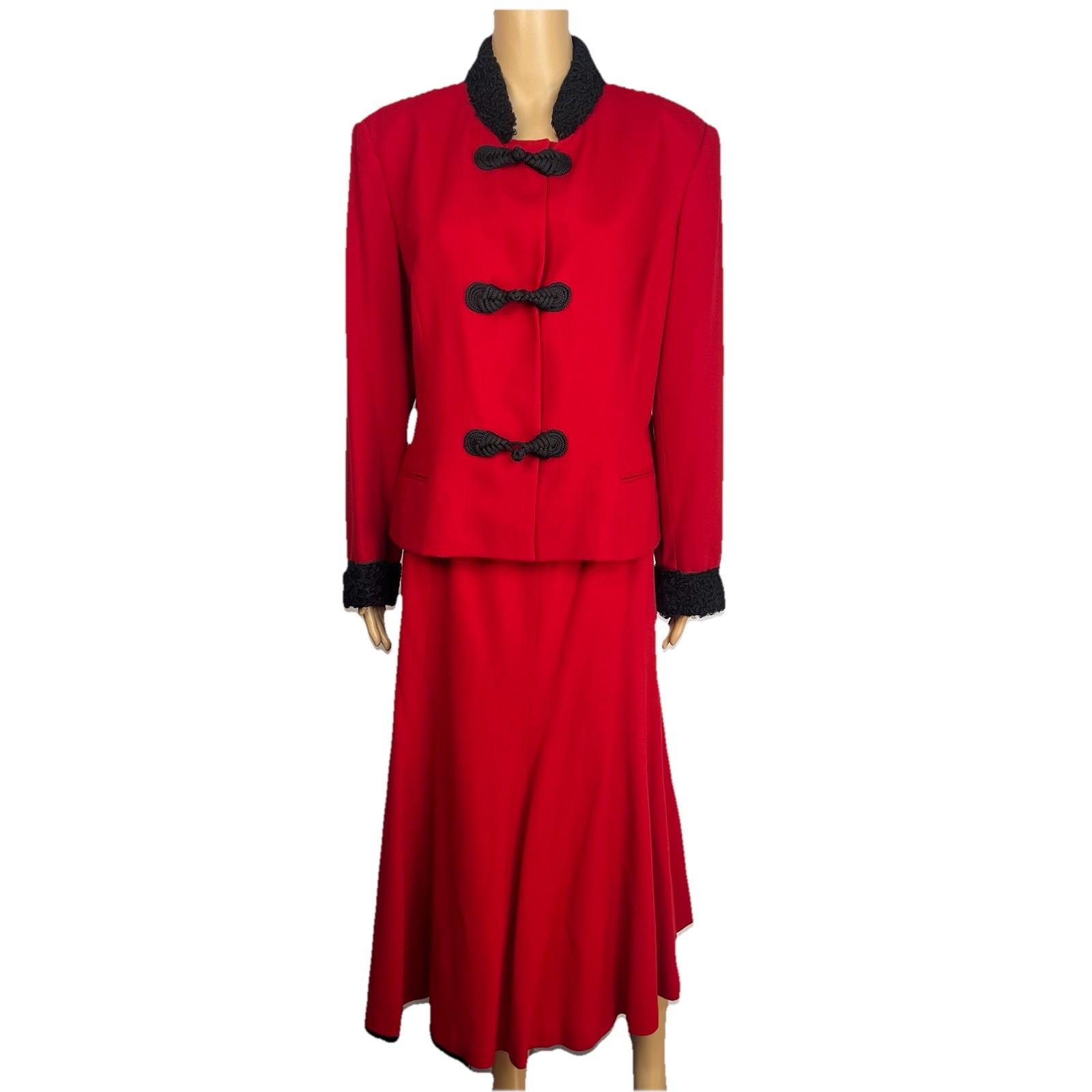 George Simonton Vintage Wool Faux hem Skirt Suit Size 14 Red Flared Timeless