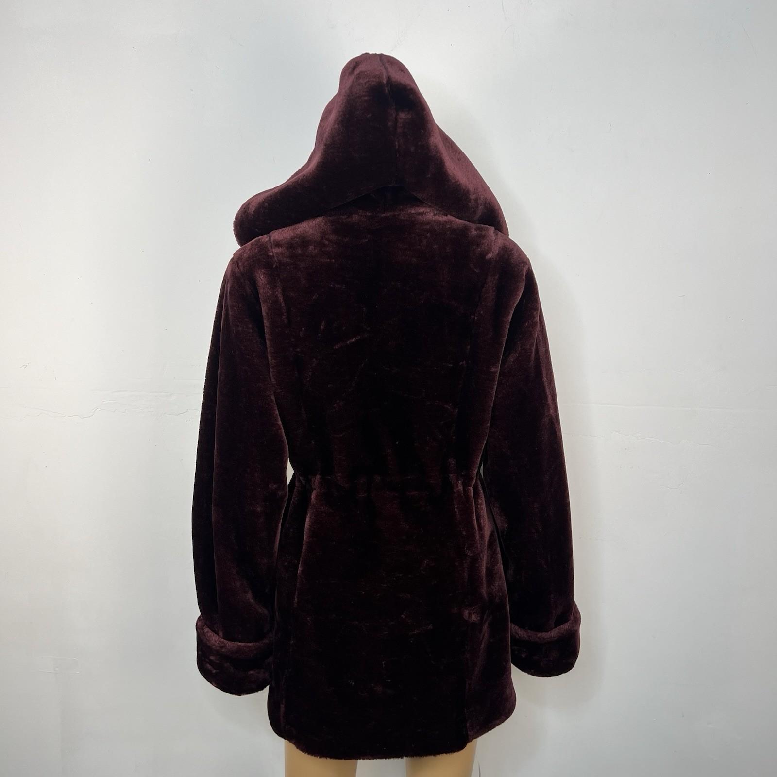 Dennis Basso Women Burgundy Faux Fur Hooded Coat Size S Warm Cozy Comfy