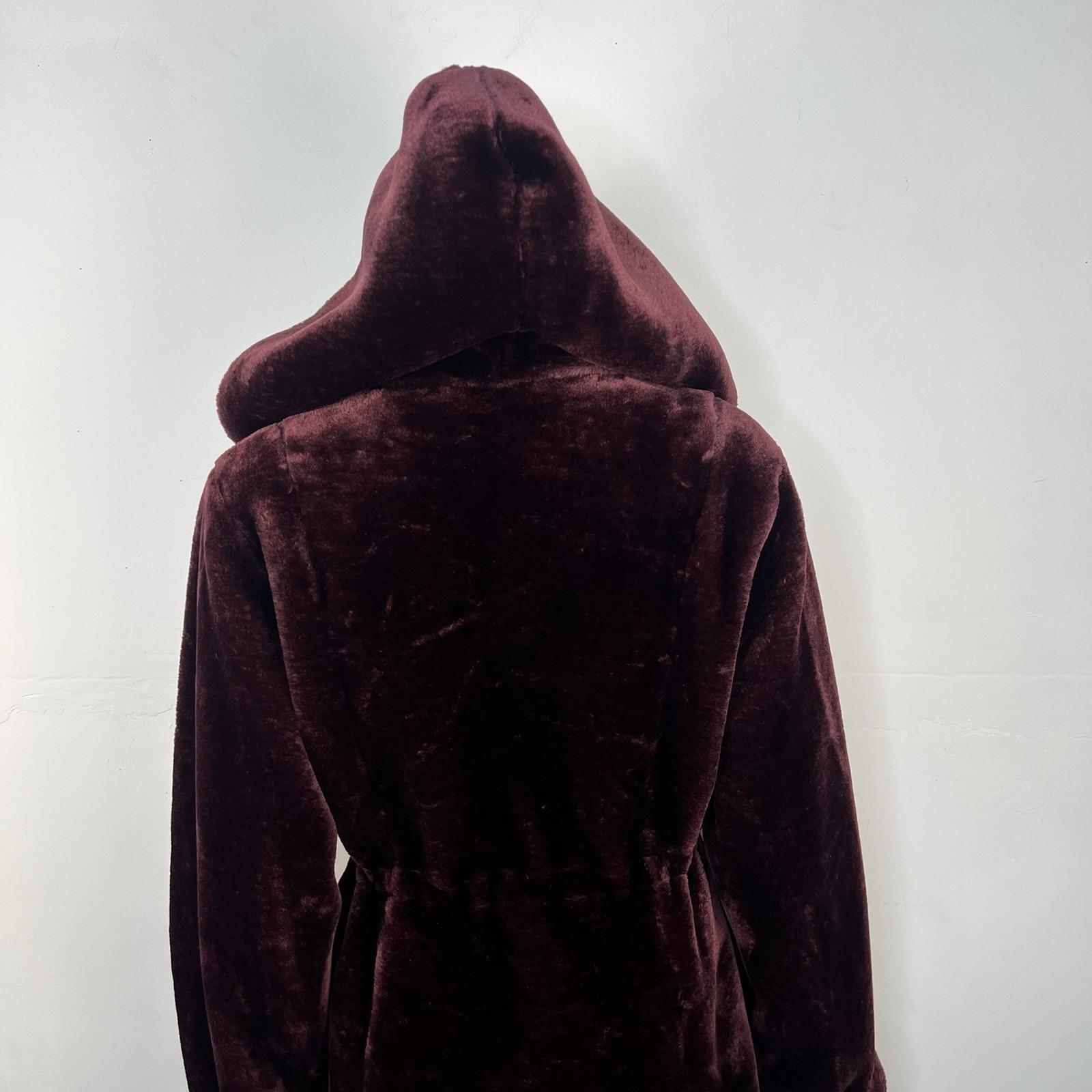 Dennis Basso Women Burgundy Faux Fur Hooded Coat Size S Warm Cozy Comfy