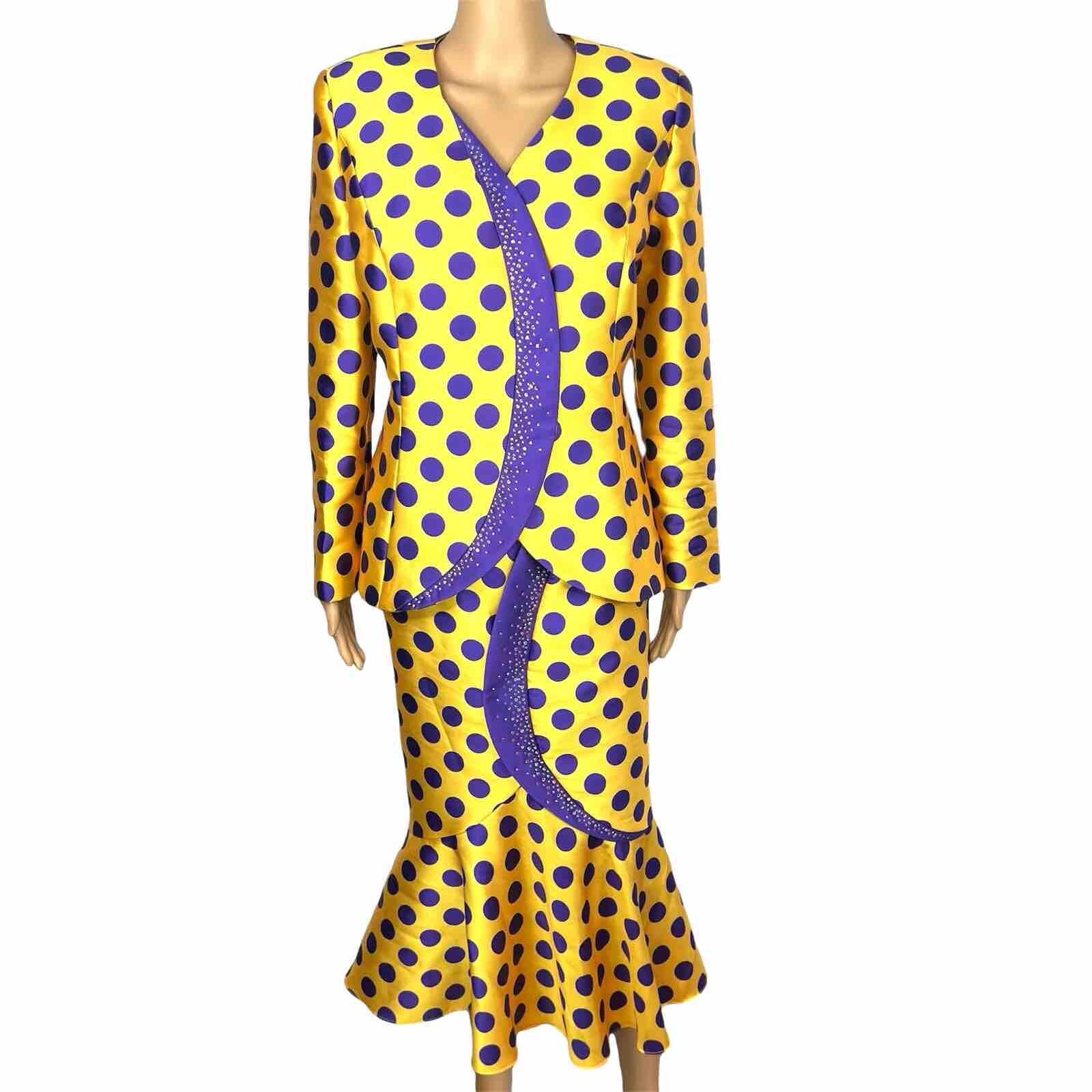 TERRAMINA Polyester Skirt Suit Size 8 Gold Purple Beaded Ruffle Collarless 2PC