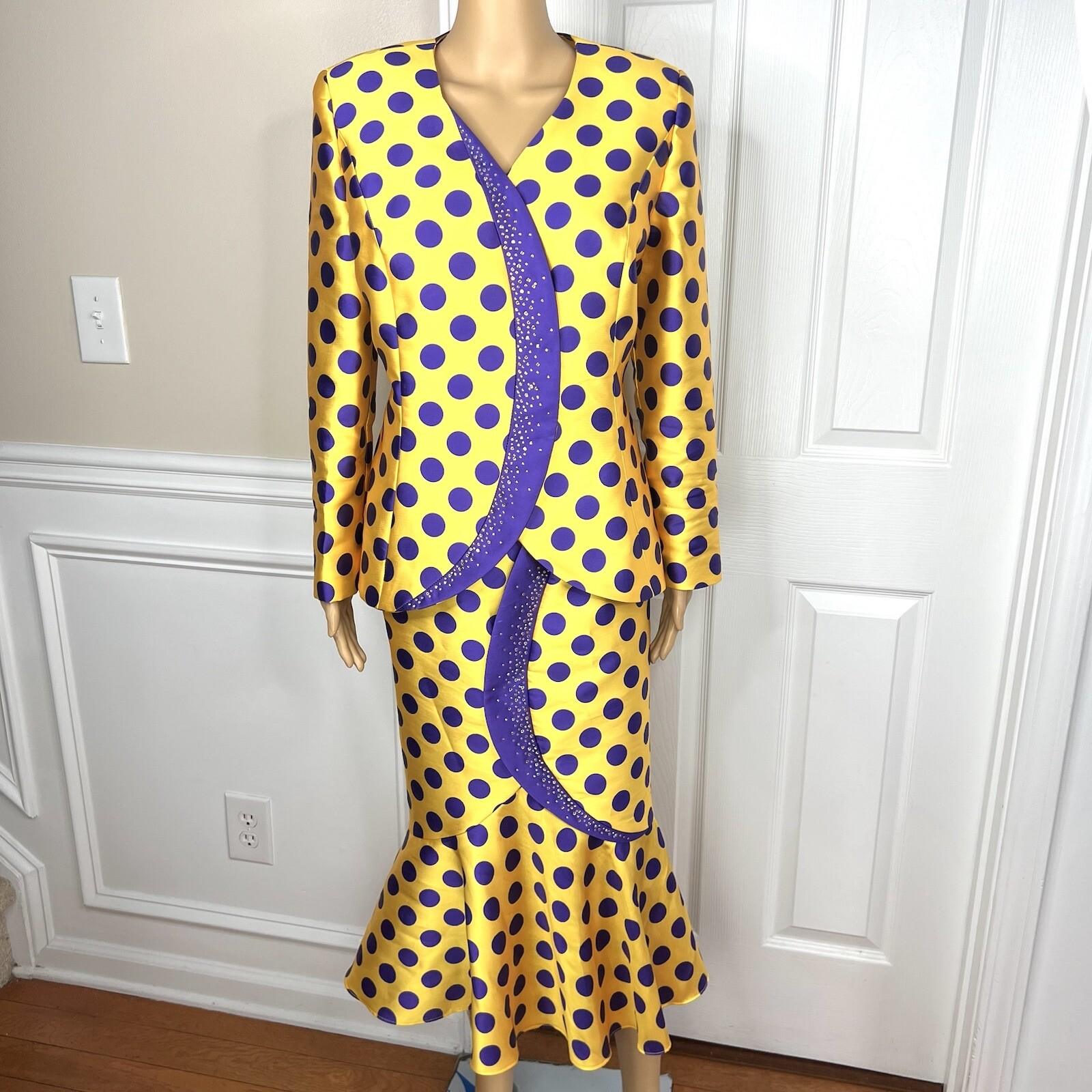 TERRAMINA Polyester Skirt Suit Size 8 Gold Purple Beaded Ruffle Collarless 2PC