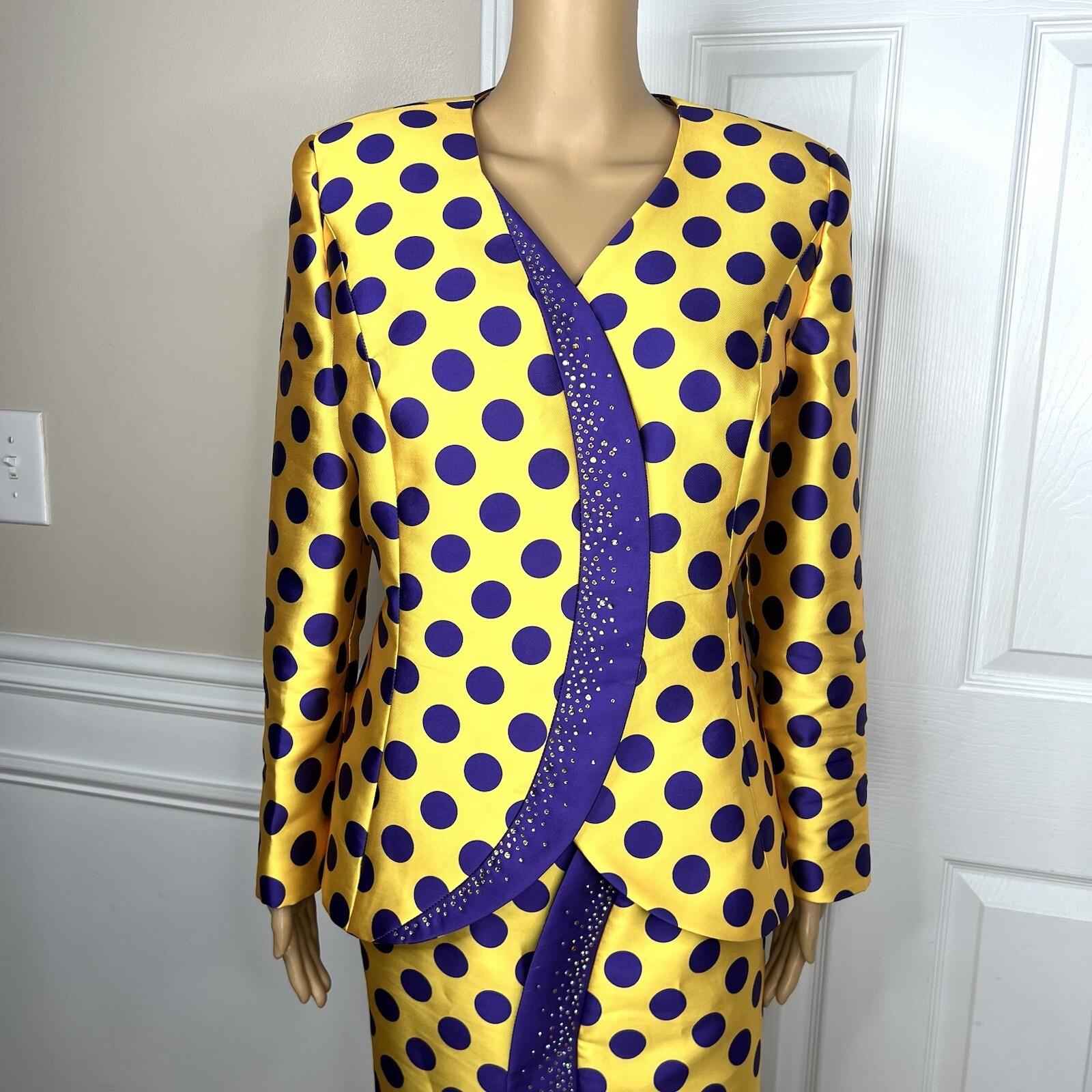 TERRAMINA Polyester Skirt Suit Size 8 Gold Purple Beaded Ruffle Collarless 2PC