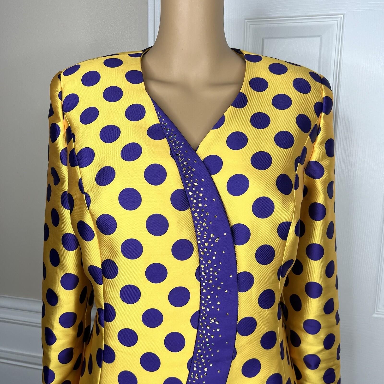 TERRAMINA Polyester Skirt Suit Size 8 Gold Purple Beaded Ruffle Collarless 2PC