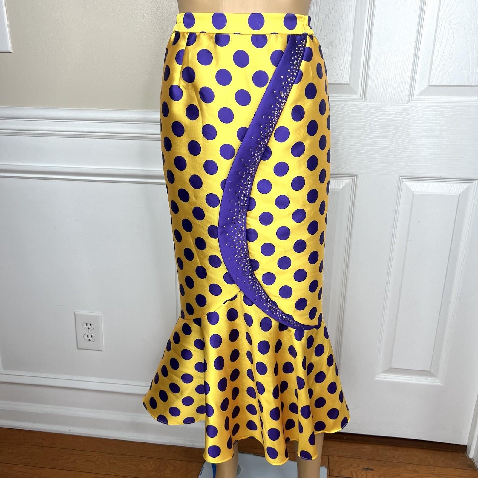 TERRAMINA Polyester Skirt Suit Size 8 Gold Purple Beaded Ruffle Collarless 2PC