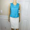 Le Suit Linen Rayon Skirt Suit Top Size 4P Blue White Open Front Lined 3PC New