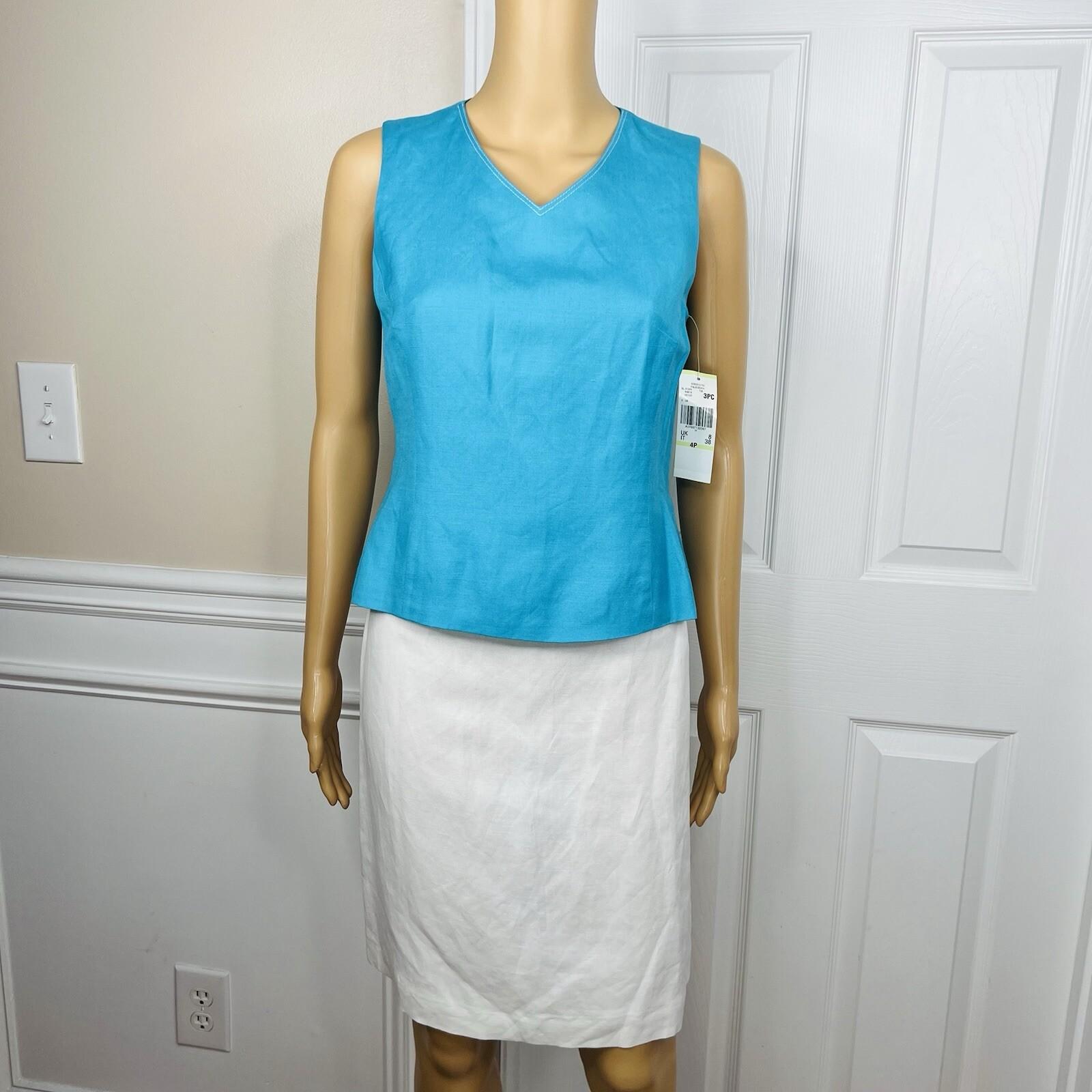 Le Suit Linen Rayon Skirt Suit Top Size 4P Blue White Open Front Lined 3PC New