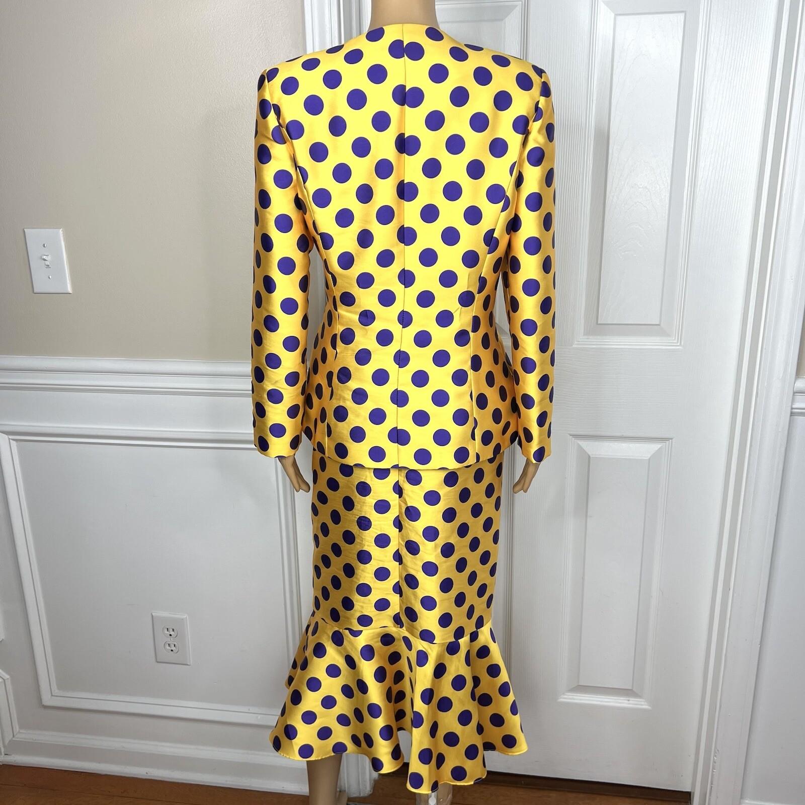 TERRAMINA Polyester Skirt Suit Size 8 Gold Purple Beaded Ruffle Collarless 2PC