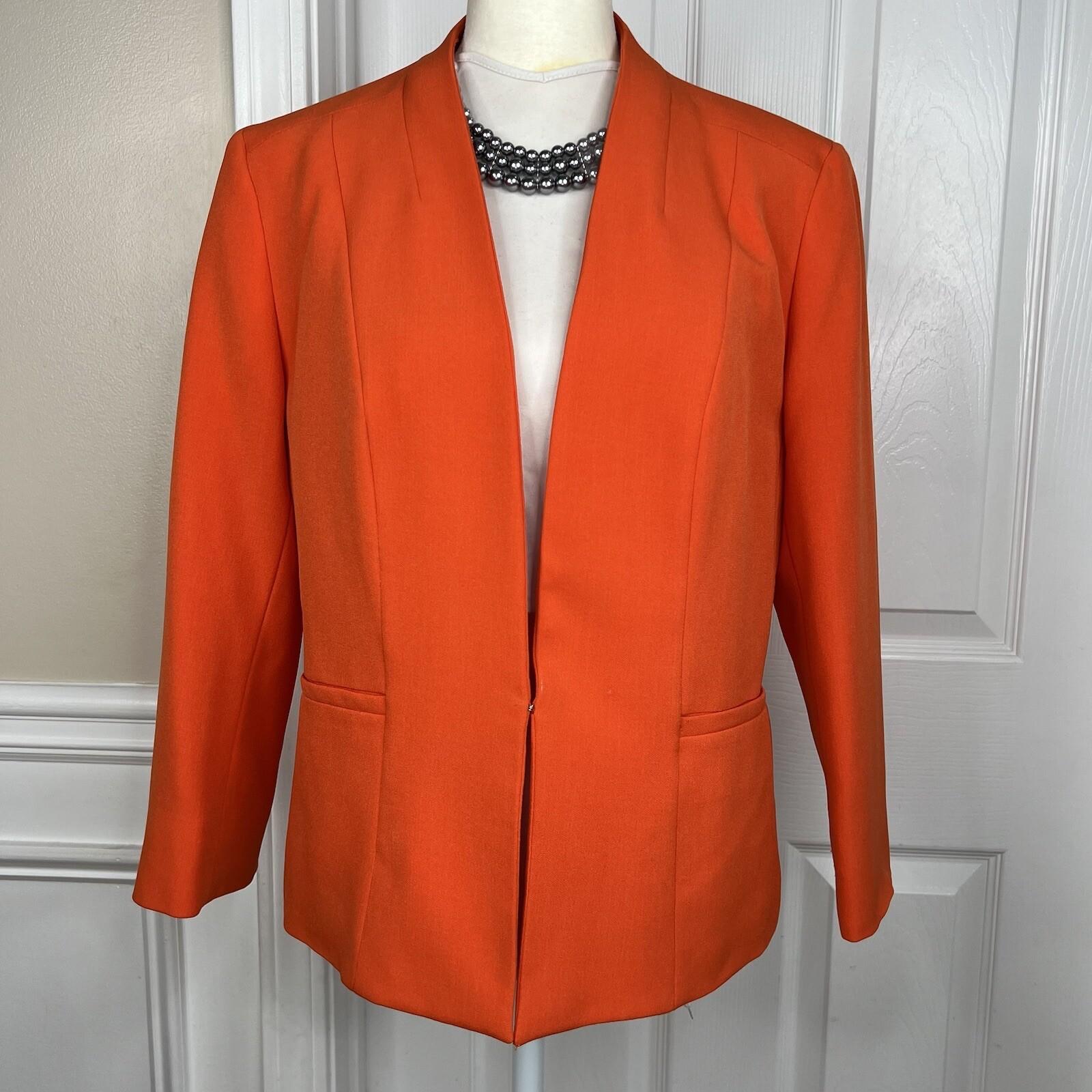 10-1307.jpg Kasper Polyester Stretch Blazer Size 4 Orange Lined Stand Up Collar 3/4 Sleeve