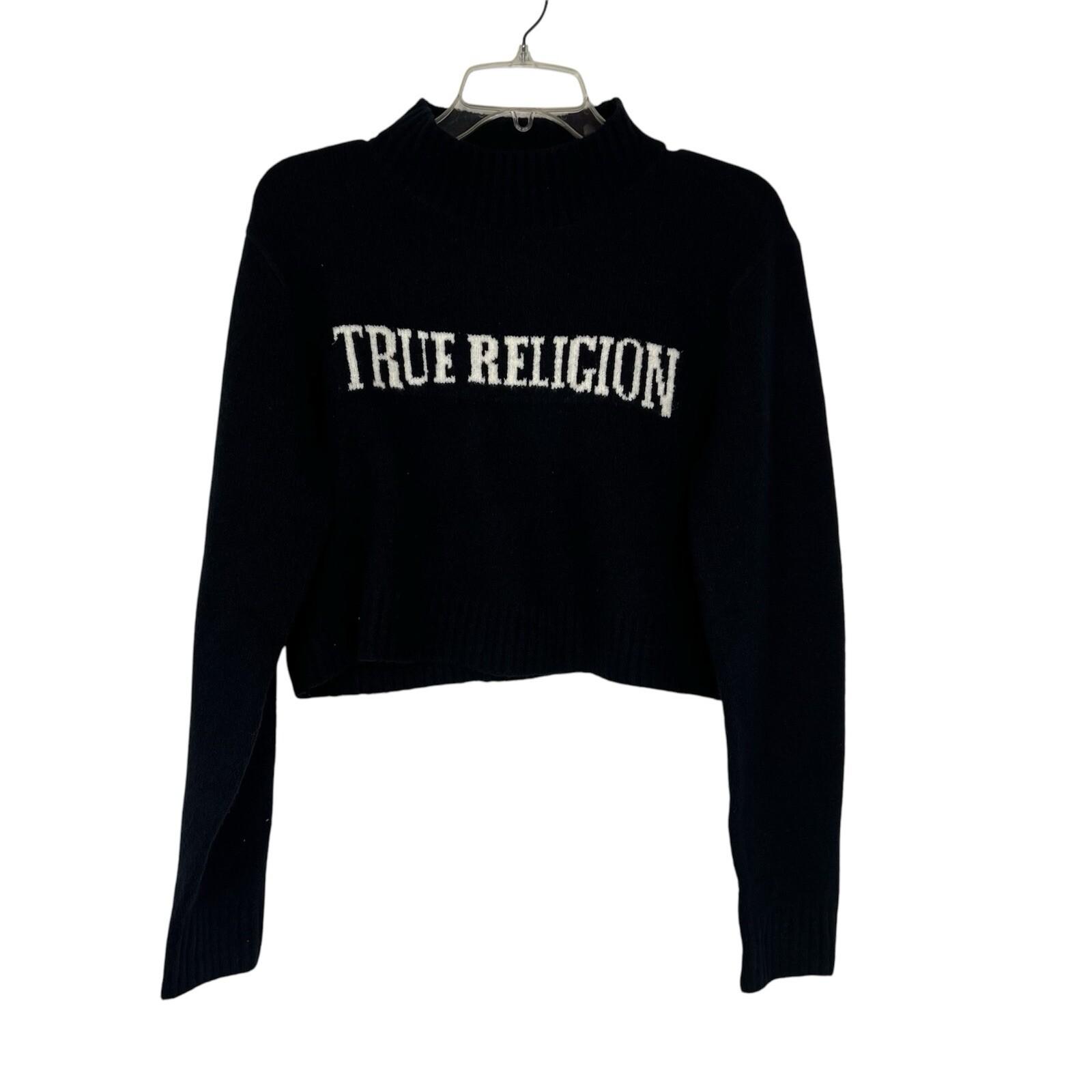 True Religion Women Sweater Size M Black High Neck Cropped Long Sleeve Cozy Warm