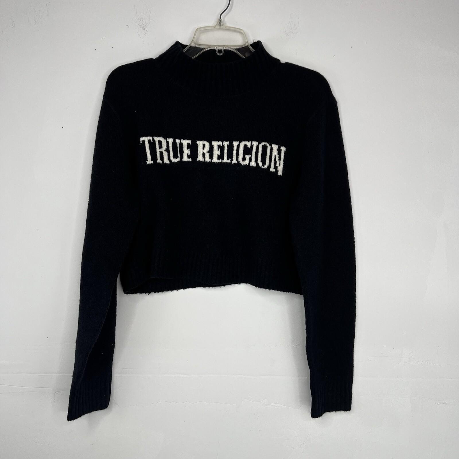 True Religion Women Sweater Size M Black High Neck Cropped Long Sleeve Cozy Warm