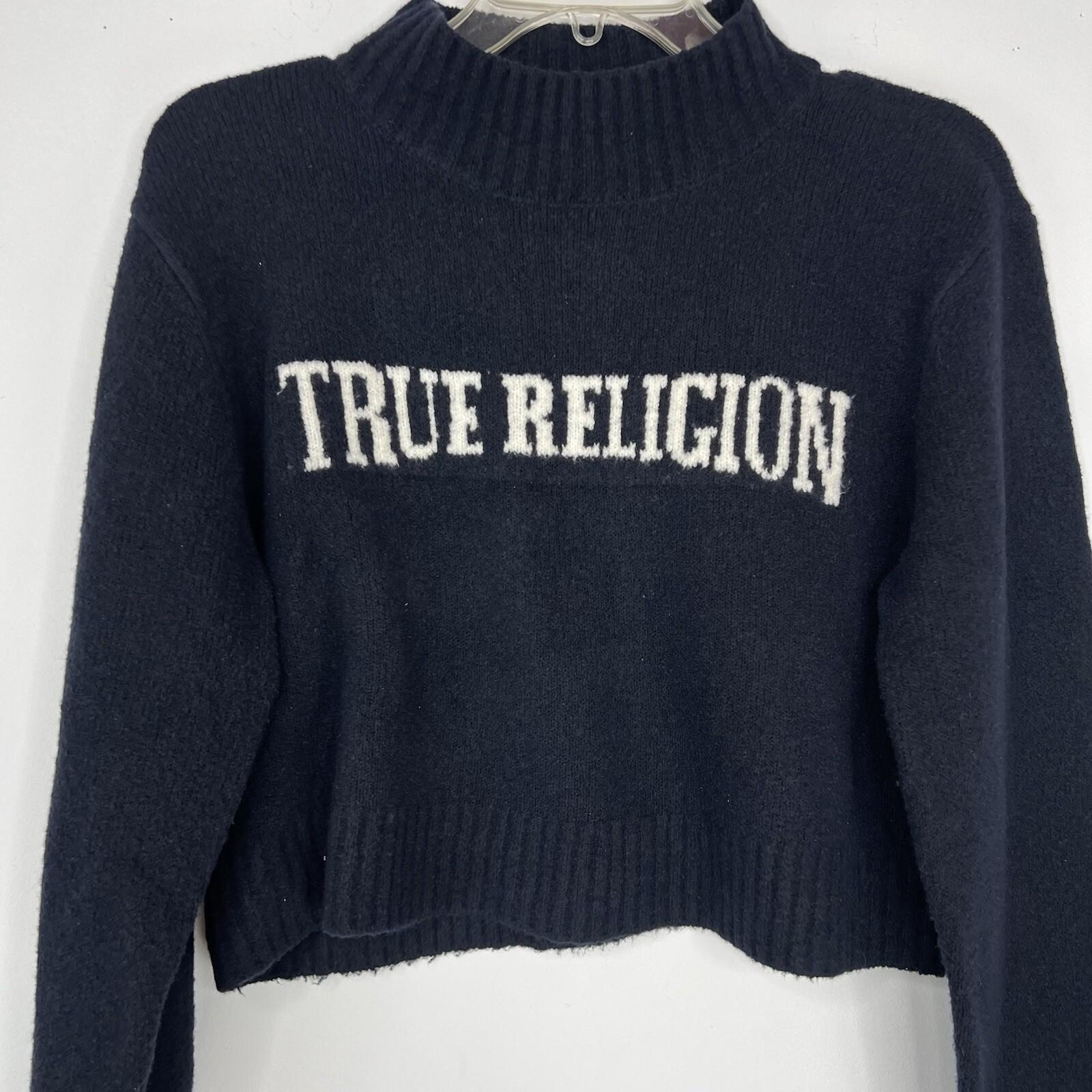 True Religion Women Sweater Size M Black High Neck Cropped Long Sleeve Cozy Warm