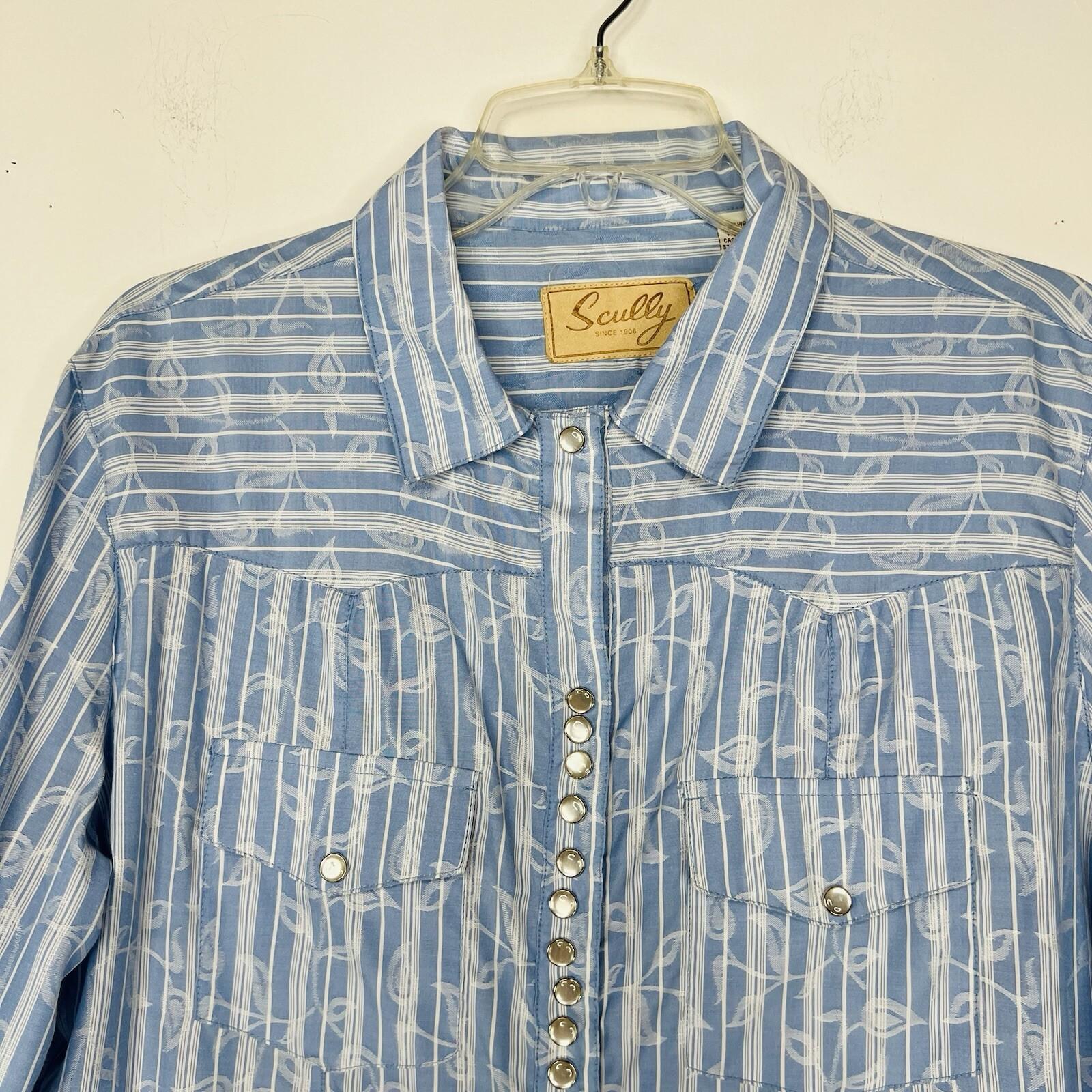 Scully Women Shirt Size XL Pearl Snap Western Cowgirl Rodeo Blue Striped Floral