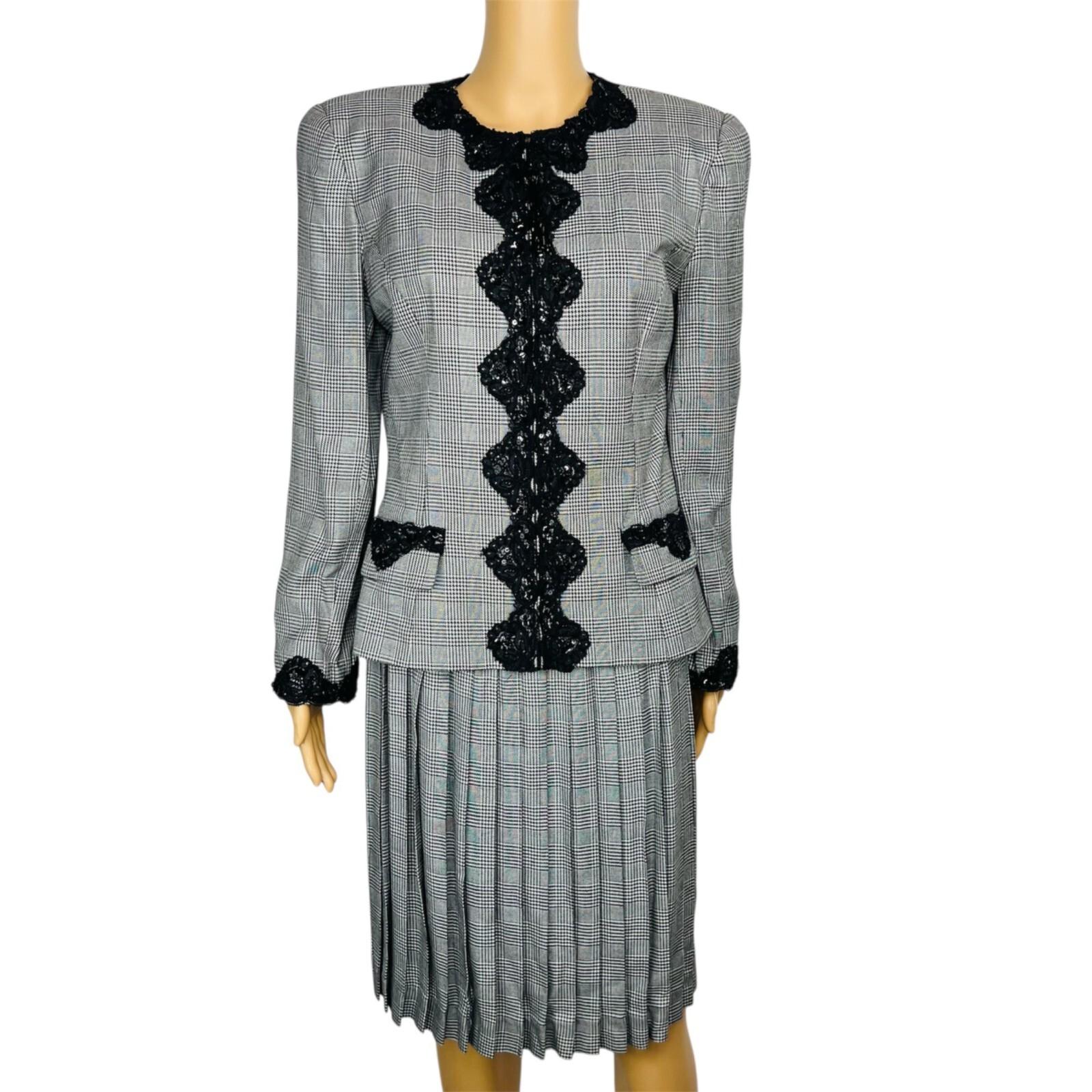 Oscar De La Renta Studio Vintage Skirt Suit 10 Zip Up Embroidered White Gray