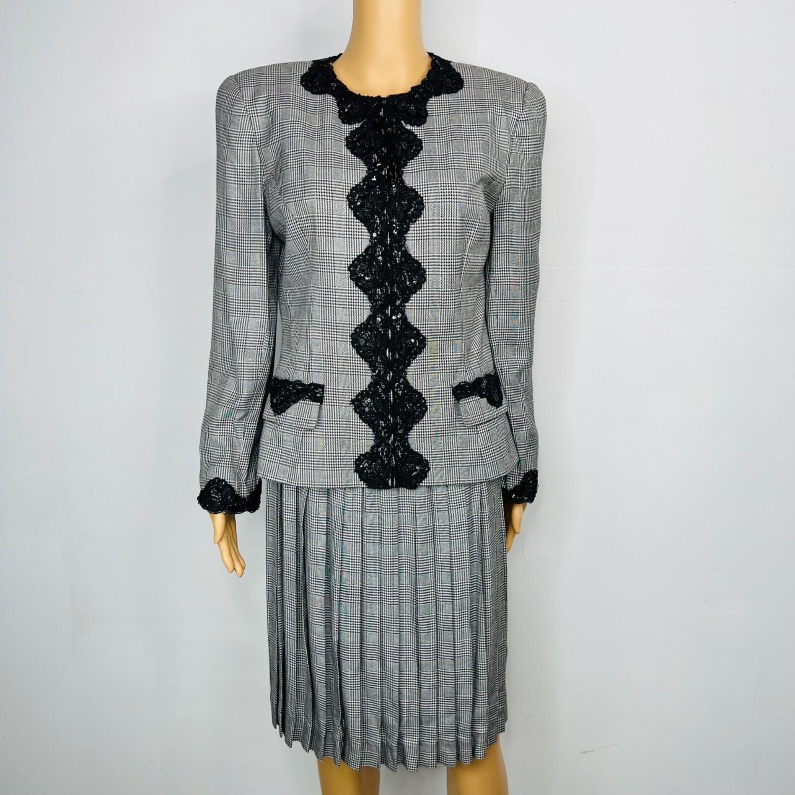 Oscar De La Renta Studio Vintage Skirt Suit 10 Zip Up Embroidered White Gray