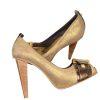 BCBGMAXZRIA Leather Shoes 9B Metallic Gold Peep Toe Buckle Pumps Wooden Heel