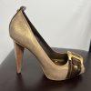 BCBGMAXZRIA Leather Shoes 9B Metallic Gold Peep Toe Buckle Pumps Wooden Heel