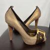 BCBGMAXZRIA Leather Shoes 9B Metallic Gold Peep Toe Buckle Pumps Wooden Heel