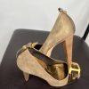 BCBGMAXZRIA Leather Shoes 9B Metallic Gold Peep Toe Buckle Pumps Wooden Heel