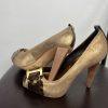 BCBGMAXZRIA Leather Shoes 9B Metallic Gold Peep Toe Buckle Pumps Wooden Heel