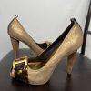 BCBGMAXZRIA Leather Shoes 9B Metallic Gold Peep Toe Buckle Pumps Wooden Heel