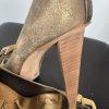 BCBGMAXZRIA Leather Shoes 9B Metallic Gold Peep Toe Buckle Pumps Wooden Heel