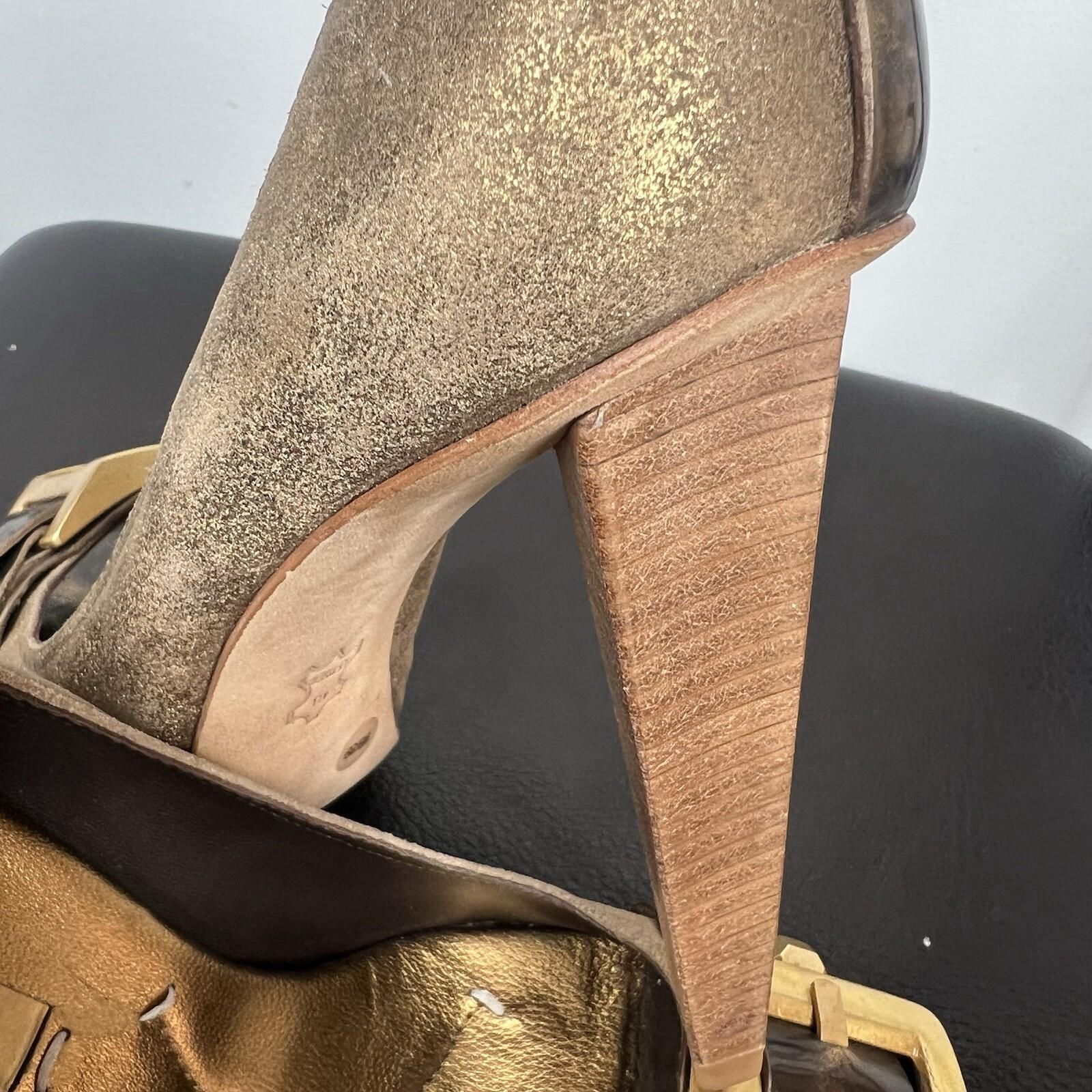 BCBGMAXZRIA Leather Shoes 9B Metallic Gold Peep Toe Buckle Pumps Wooden Heel