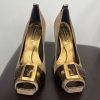 BCBGMAXZRIA Leather Shoes 9B Metallic Gold Peep Toe Buckle Pumps Wooden Heel
