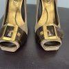 BCBGMAXZRIA Leather Shoes 9B Metallic Gold Peep Toe Buckle Pumps Wooden Heel