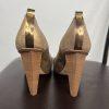 BCBGMAXZRIA Leather Shoes 9B Metallic Gold Peep Toe Buckle Pumps Wooden Heel