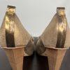 BCBGMAXZRIA Leather Shoes 9B Metallic Gold Peep Toe Buckle Pumps Wooden Heel