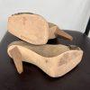 BCBGMAXZRIA Leather Shoes 9B Metallic Gold Peep Toe Buckle Pumps Wooden Heel