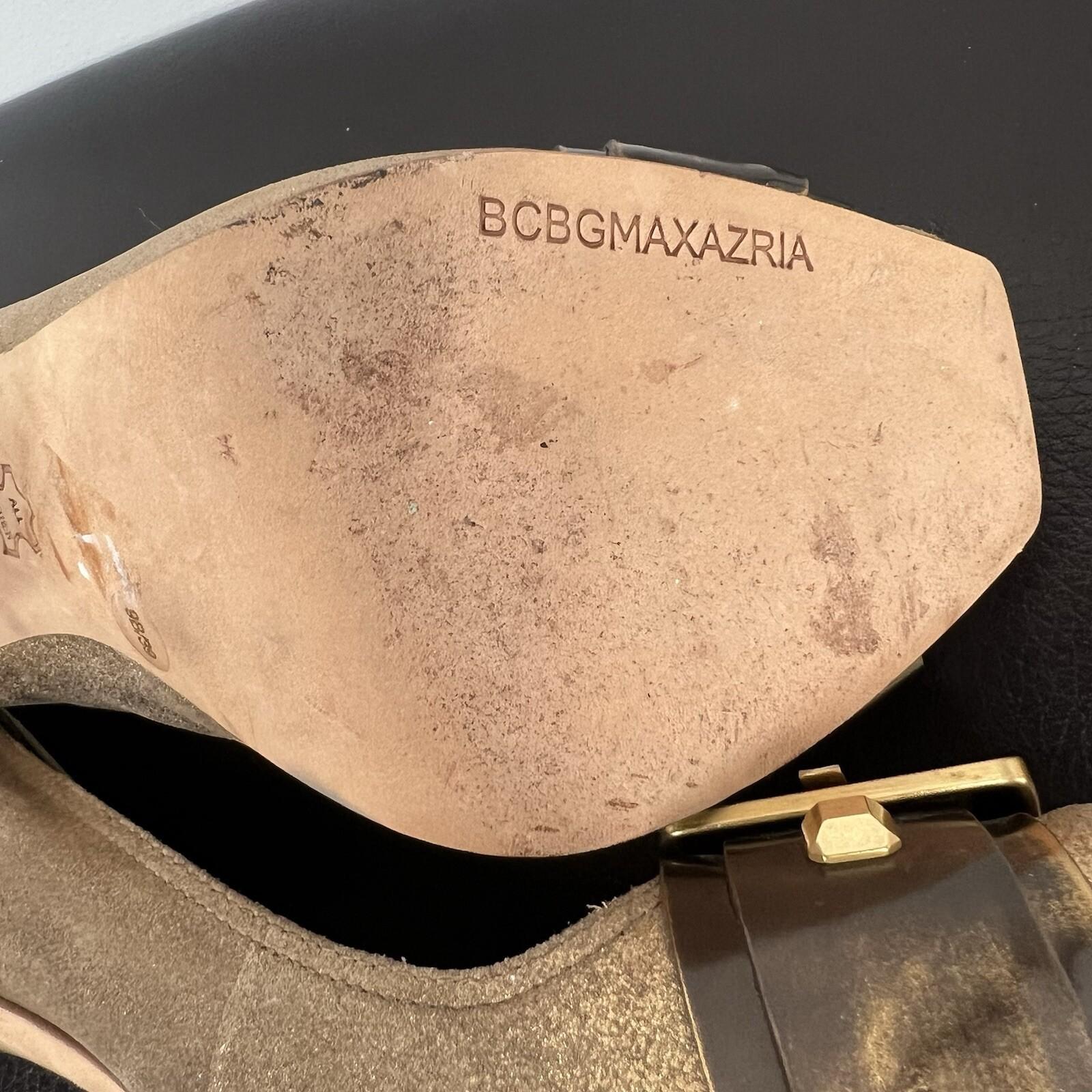 BCBGMAXZRIA Leather Shoes 9B Metallic Gold Peep Toe Buckle Pumps Wooden Heel