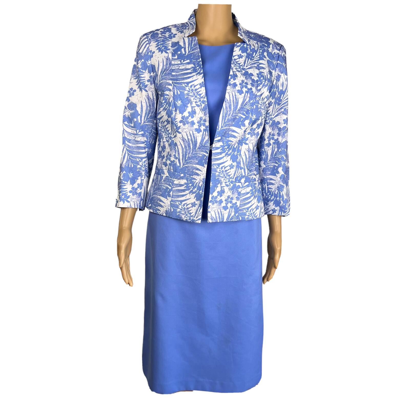 EMILY 2PC Blue White Floral Polyester Lined 3/4 Sleeves Dress Suit Size 8