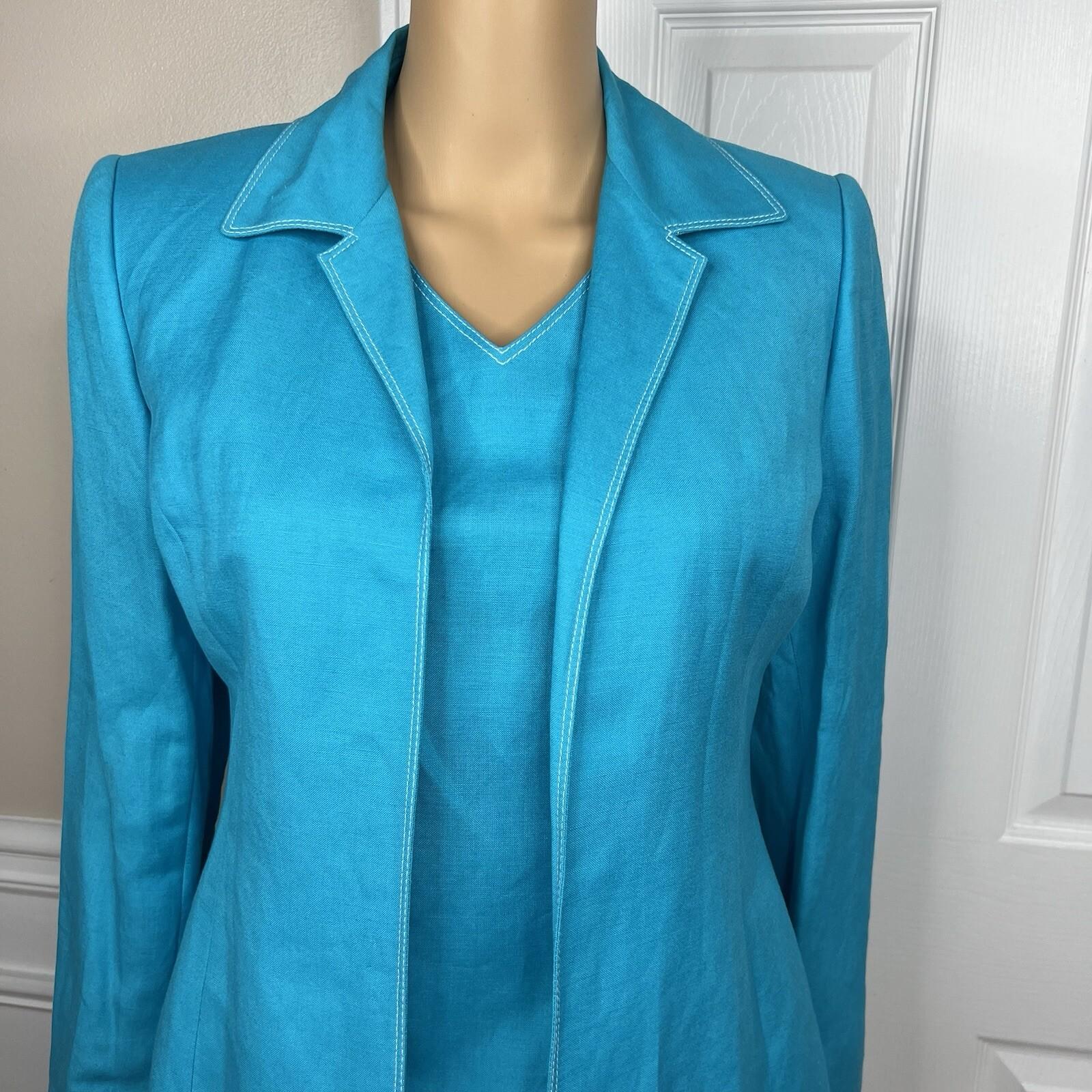 Le Suit Linen Rayon Skirt Suit Top Size 4P Blue White Open Front Lined 3PC New