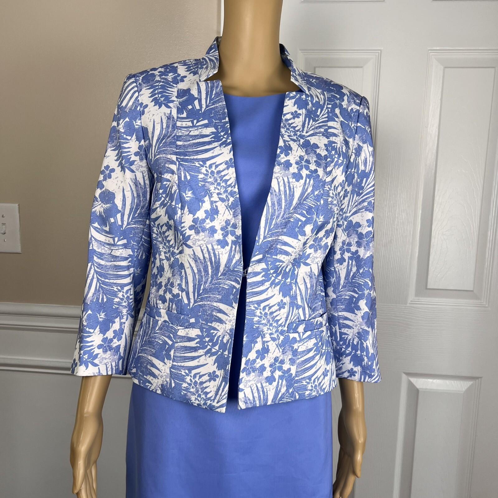 EMILY 2PC Blue White Floral Polyester Lined 3/4 Sleeves Dress Suit Size 8