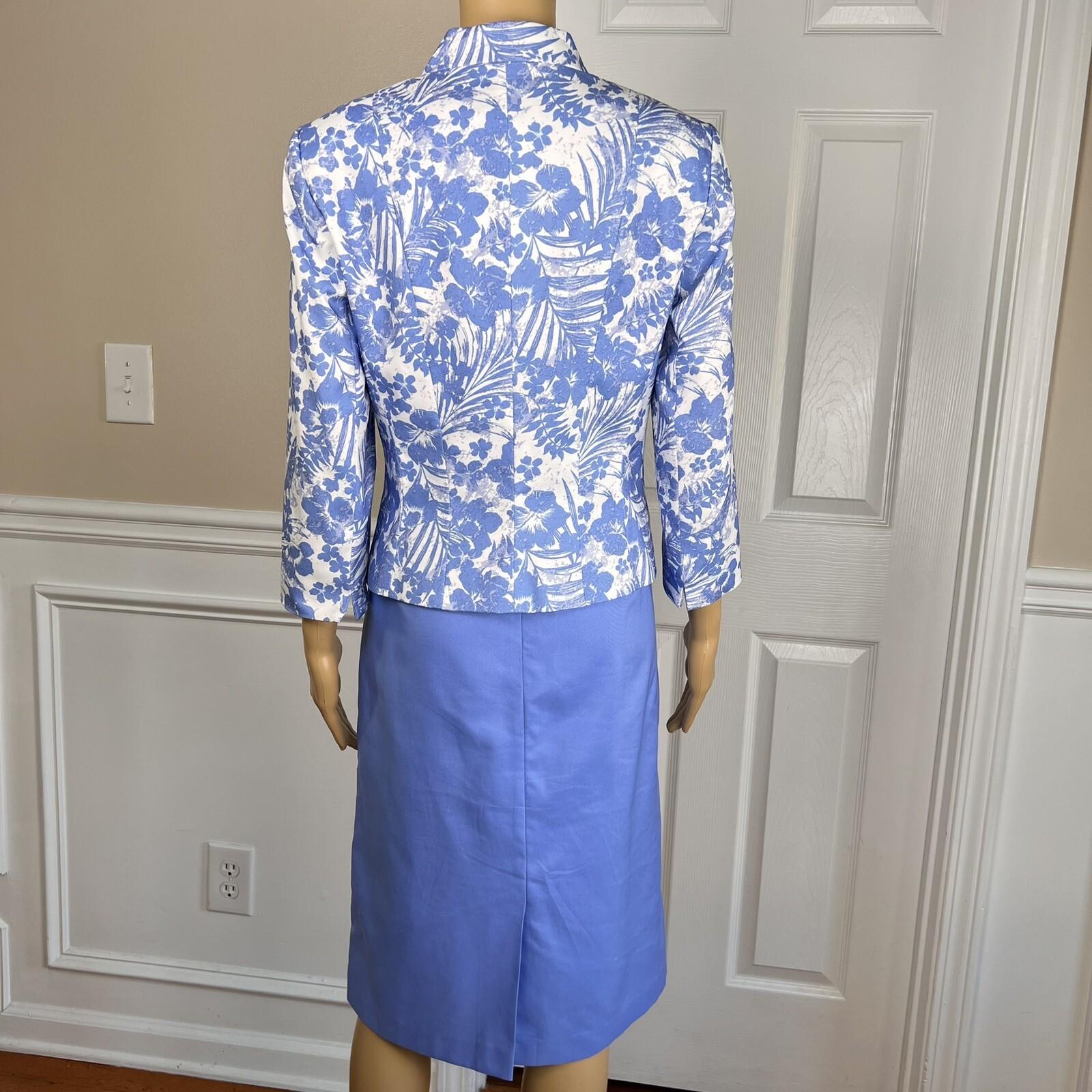 EMILY 2PC Blue White Floral Polyester Lined 3/4 Sleeves Dress Suit Size 8