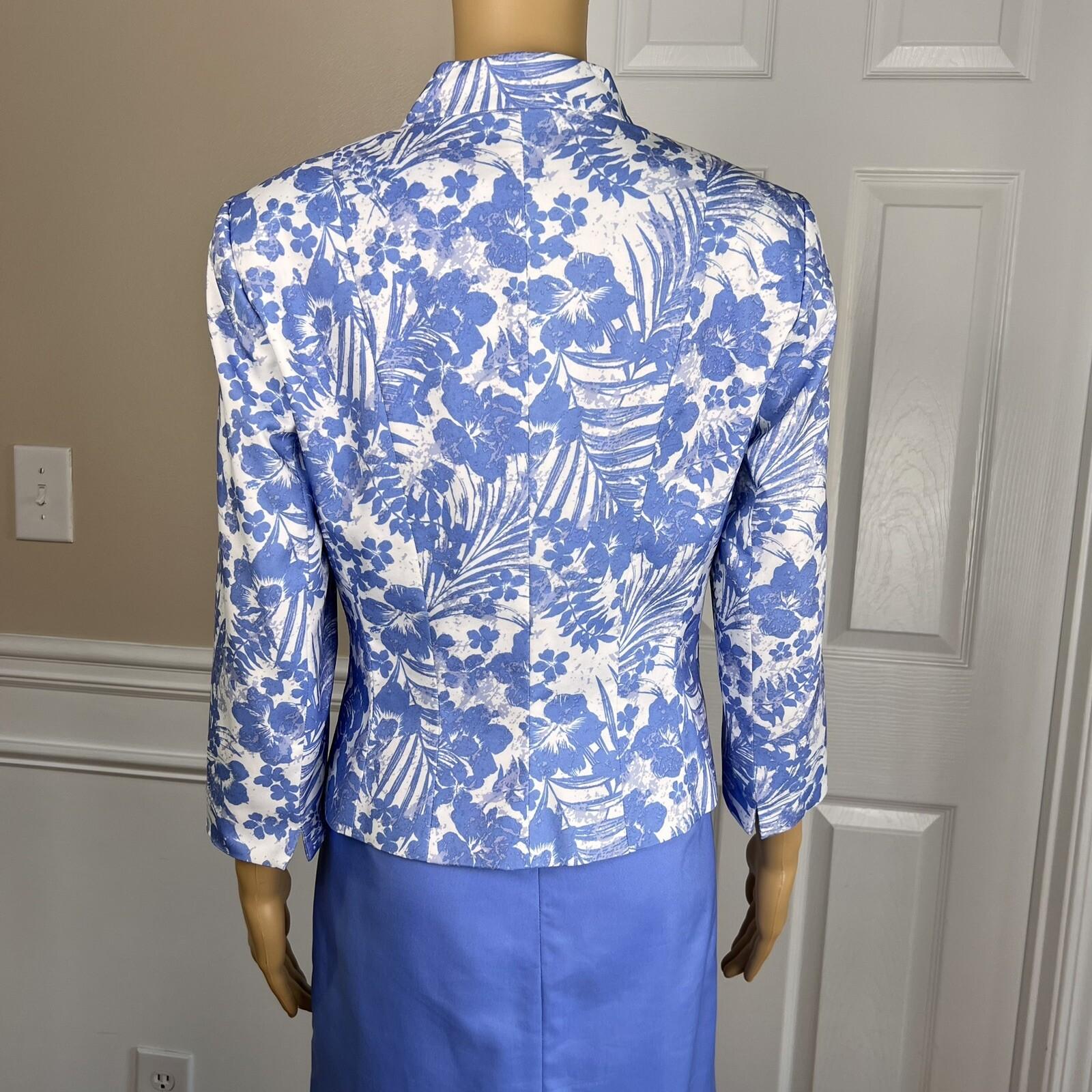 EMILY 2PC Blue White Floral Polyester Lined 3/4 Sleeves Dress Suit Size 8