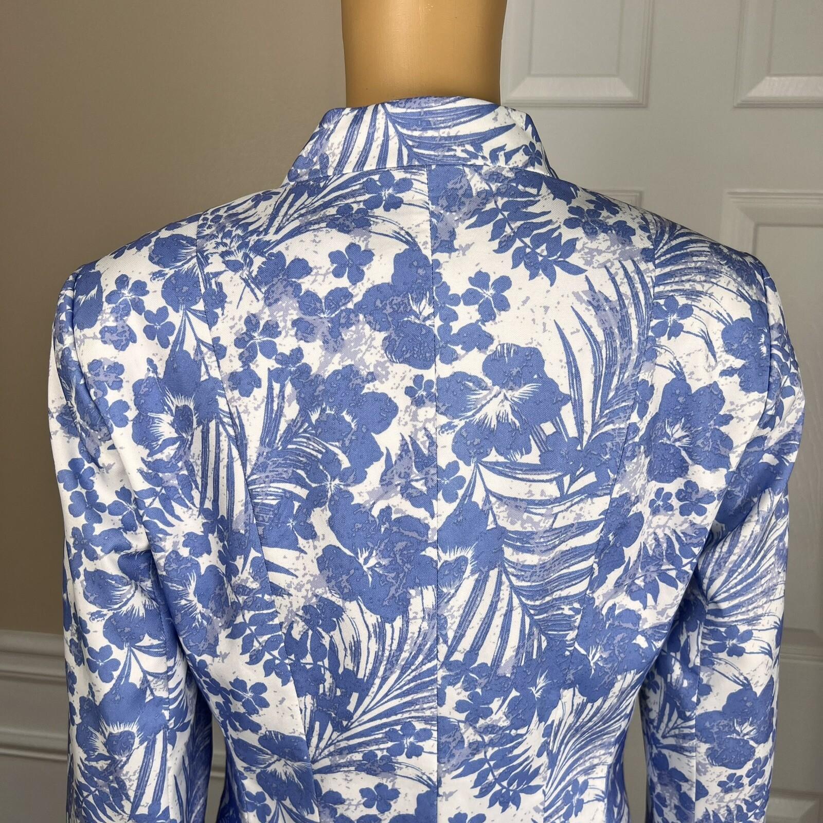 EMILY 2PC Blue White Floral Polyester Lined 3/4 Sleeves Dress Suit Size 8
