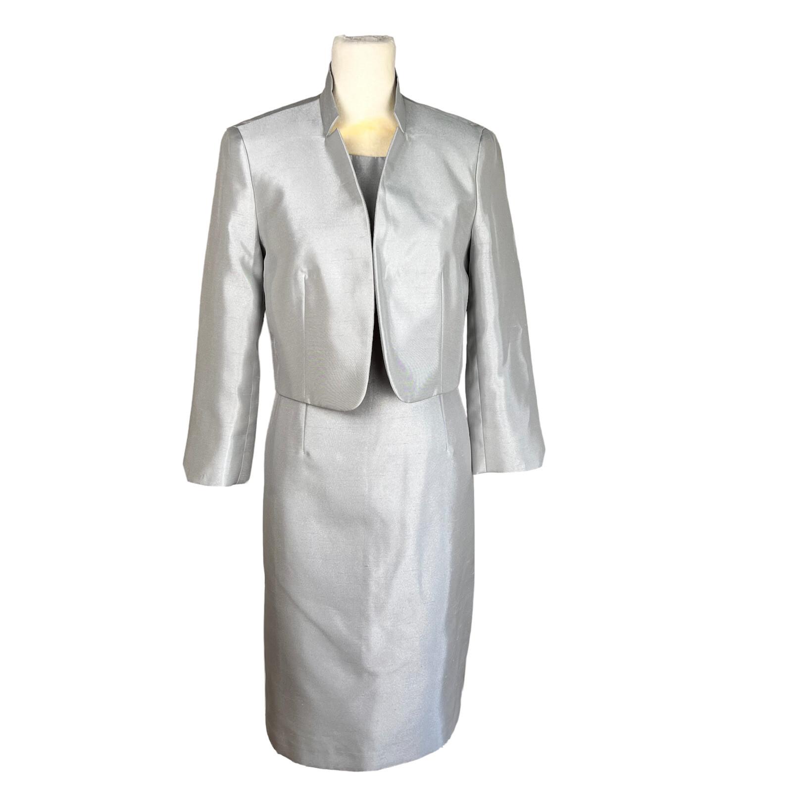 EVAN PICONE BLACK LABEL 2PC Silver Polyester Stand Up Collar Dress Suit Size 2