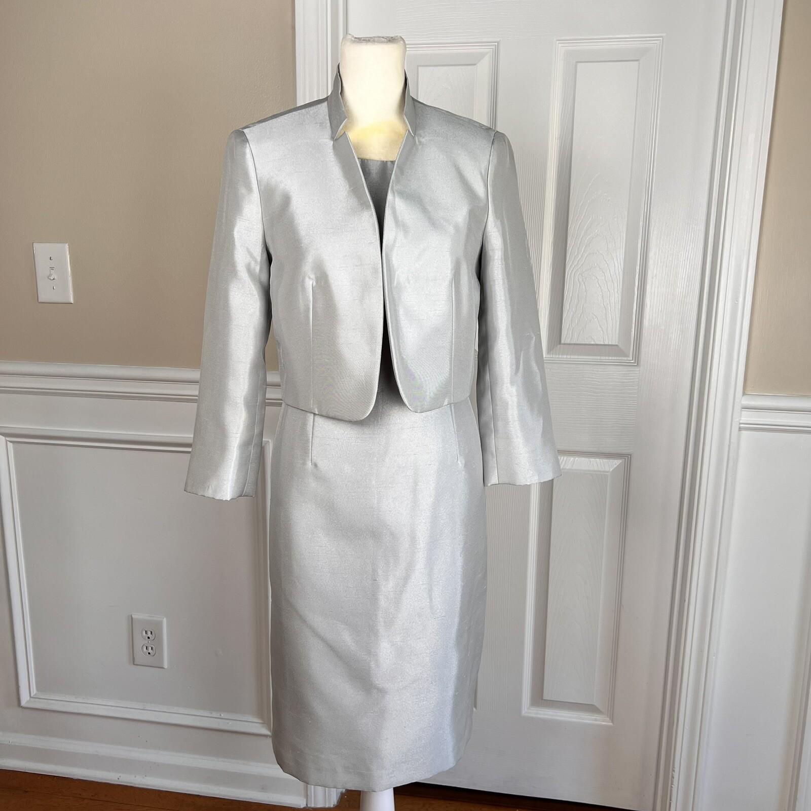 EVAN PICONE BLACK LABEL 2PC Silver Polyester Stand Up Collar Dress Suit Size 2