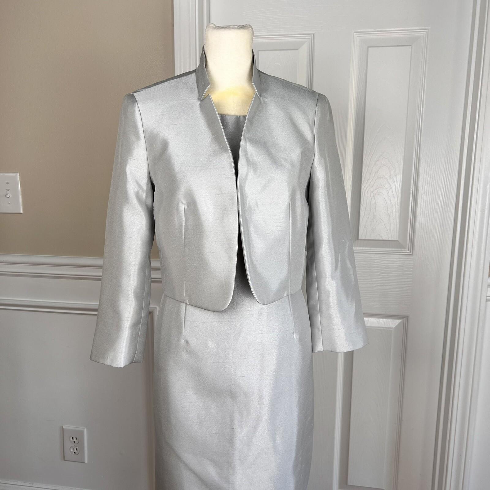 EVAN PICONE BLACK LABEL 2PC Silver Polyester Stand Up Collar Dress Suit Size 2