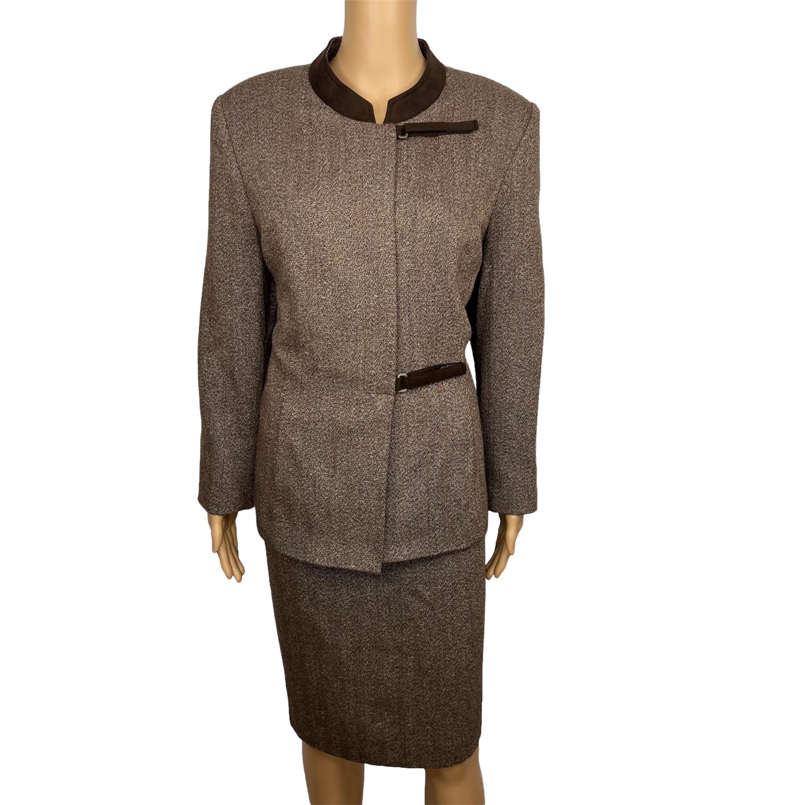 KASPER Women 2PC Brown Tweed Lined Stand Up Collar Skirt Suit Size 14P