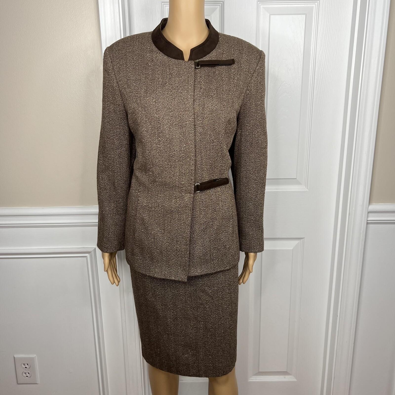KASPER Women 2PC Brown Tweed Lined Stand Up Collar Skirt Suit Size 14P