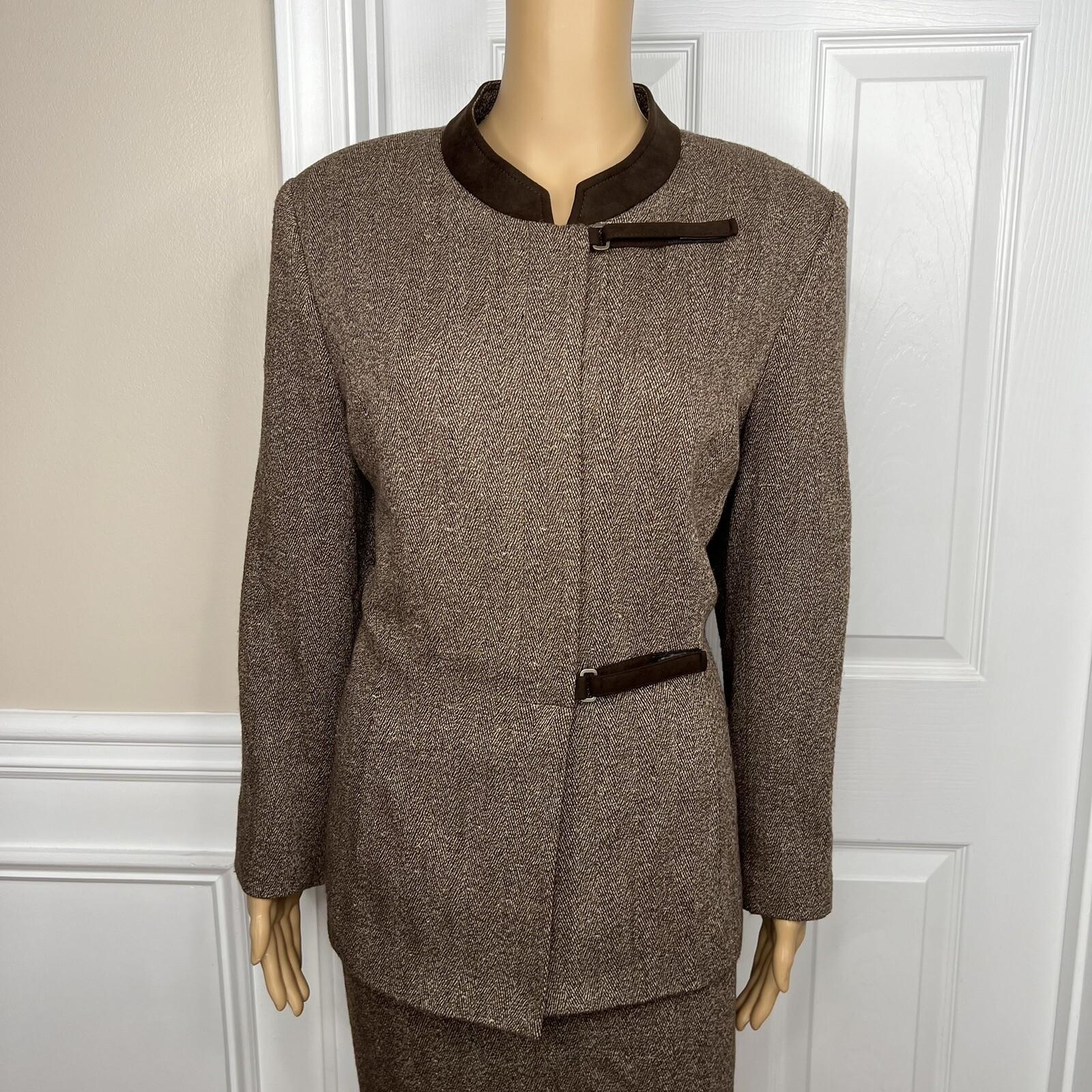 KASPER Women 2PC Brown Tweed Lined Stand Up Collar Skirt Suit Size 14P