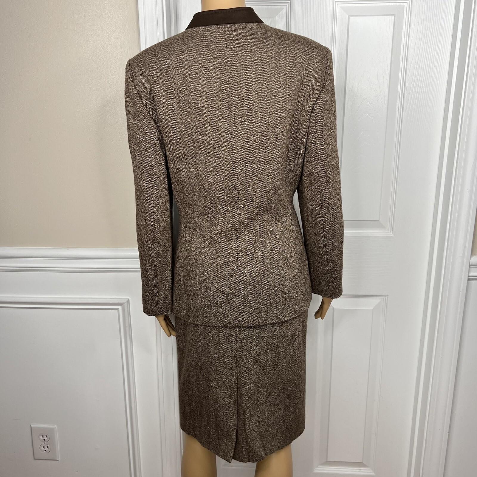 KASPER Women 2PC Brown Tweed Lined Stand Up Collar Skirt Suit Size 14P